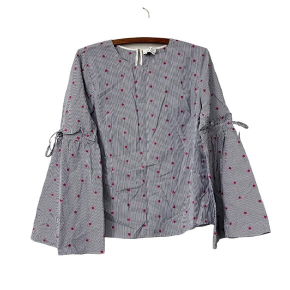 Tanya Taylor Blue Striped Pink Embroidered Stars Bell Sleeve Blouse Size Small - Picture 1 of 5